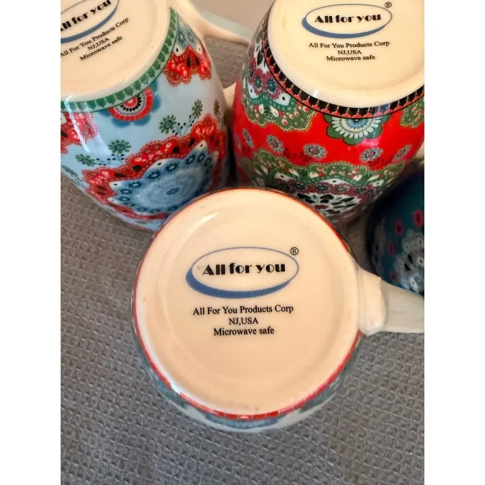 New Four Flanacom ceramic coffee mug featuring an oriental Boho design 10 OZ
